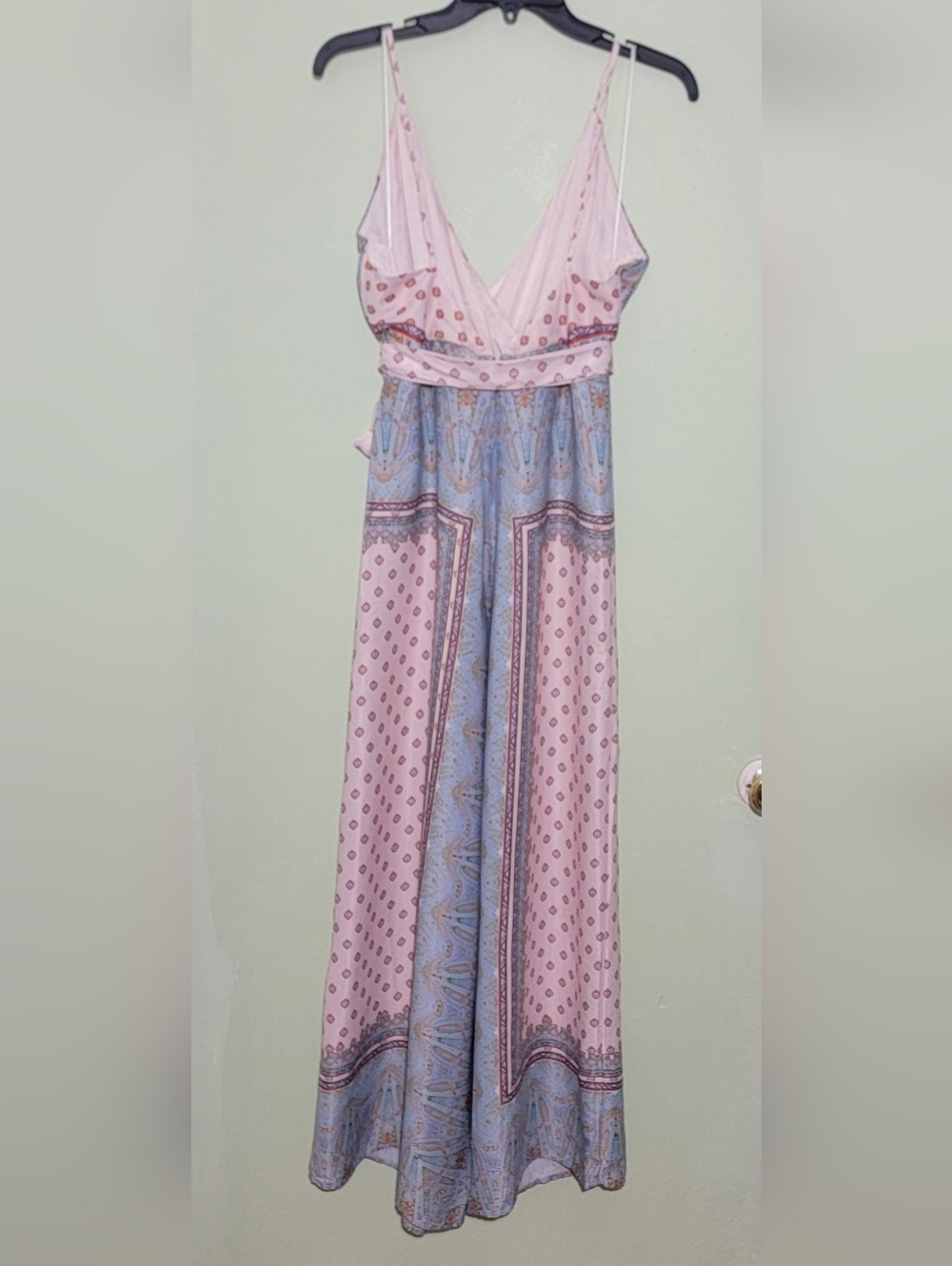 Free People Jumpsuit Wide Leg Cabbage Rose Satin Light Pink /Blue Size 6 - Picture 4 of 11